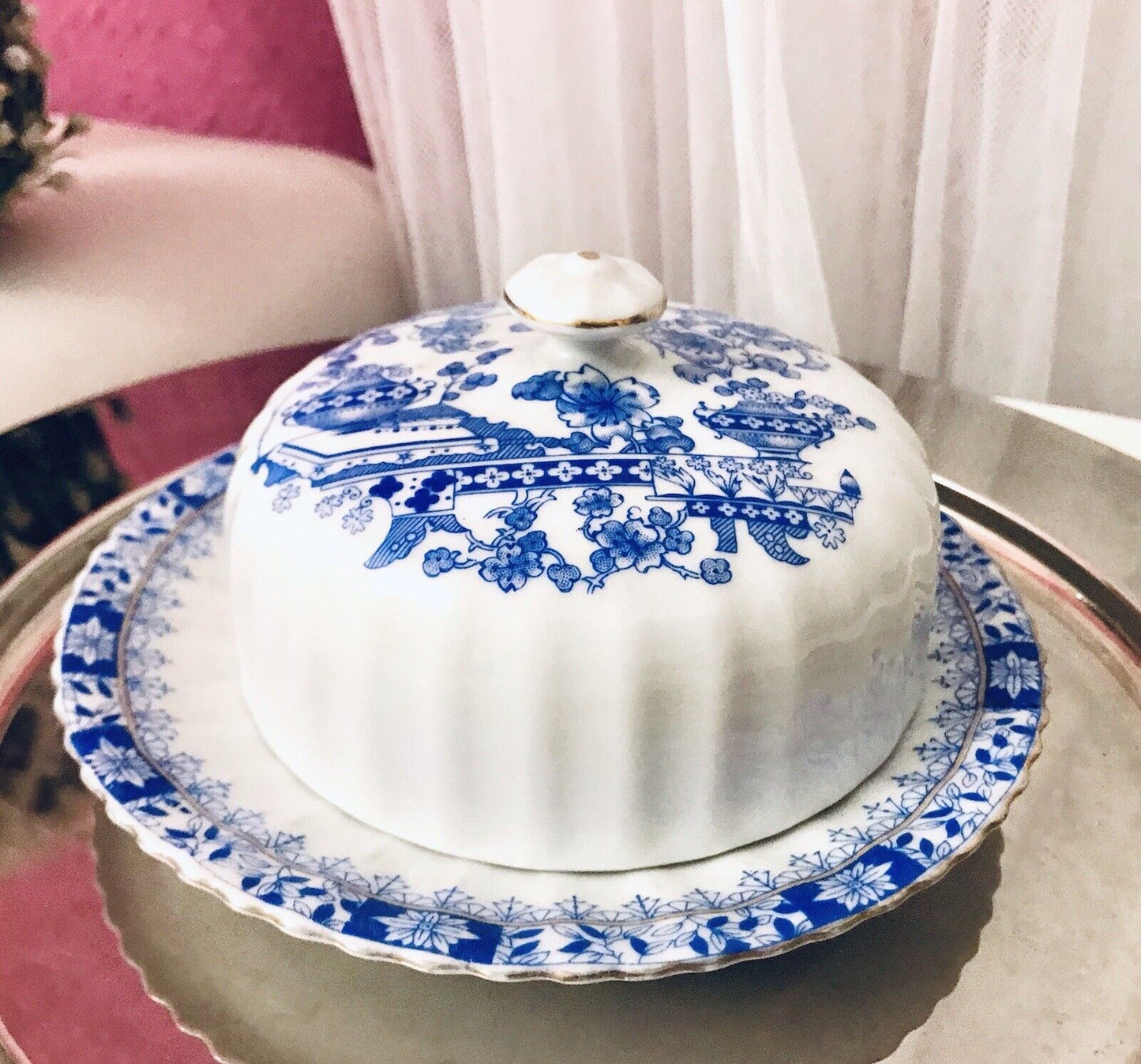 Antik Art Déco Porzellan Butterdose Dose China Blau