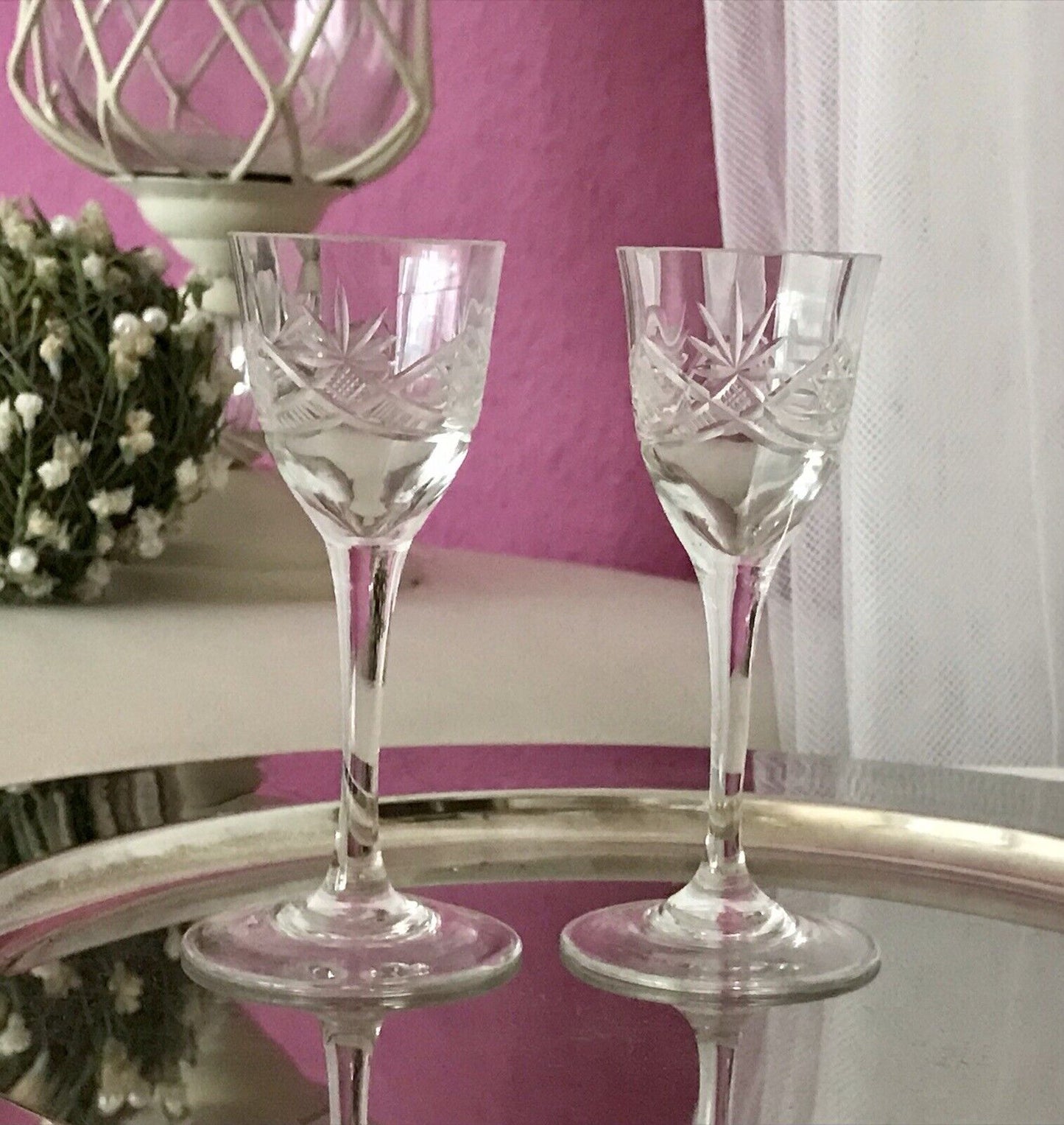 Antik 2 hochstielige Jugendstil Art Déco Likörgläser Kristallglas Schliff EDEL