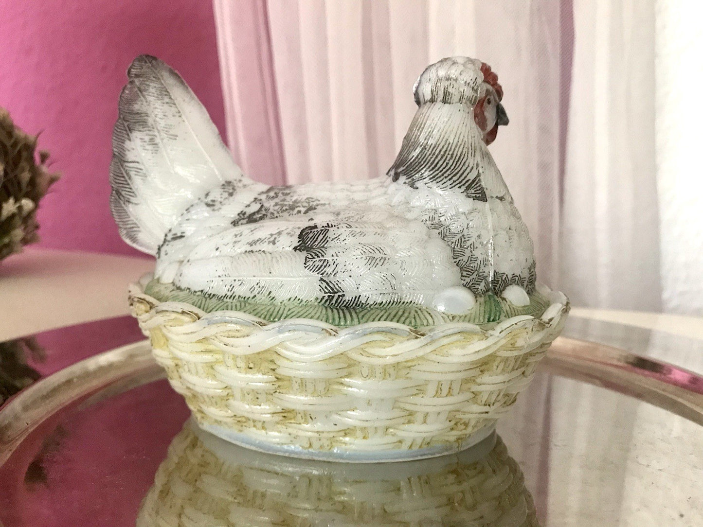 Antik Jugendstil Glasdose Dose Opalglas Deckeldose Pressglas Henne