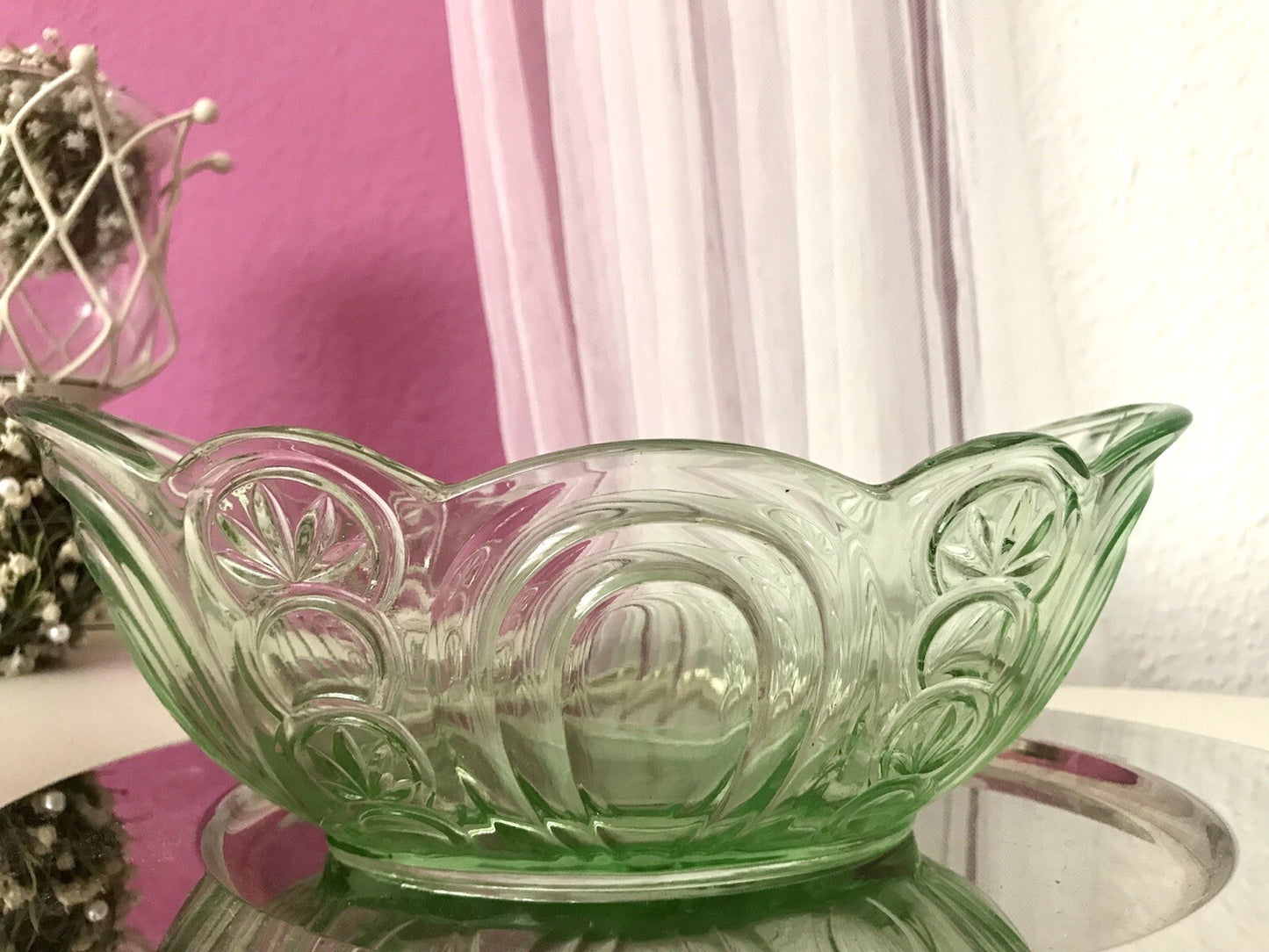 Antik Art Déco Jardiniere Schale Pressglas Glasschale grün Obstschale