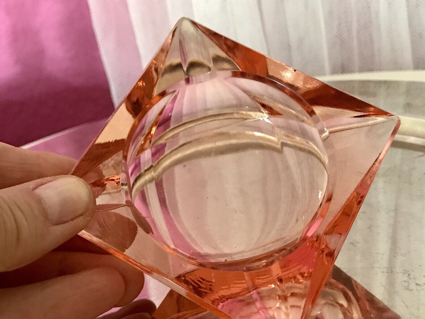Antik Art Déco Aschenbecher Ascher Rosalin Pressglas Glas geometrisiert