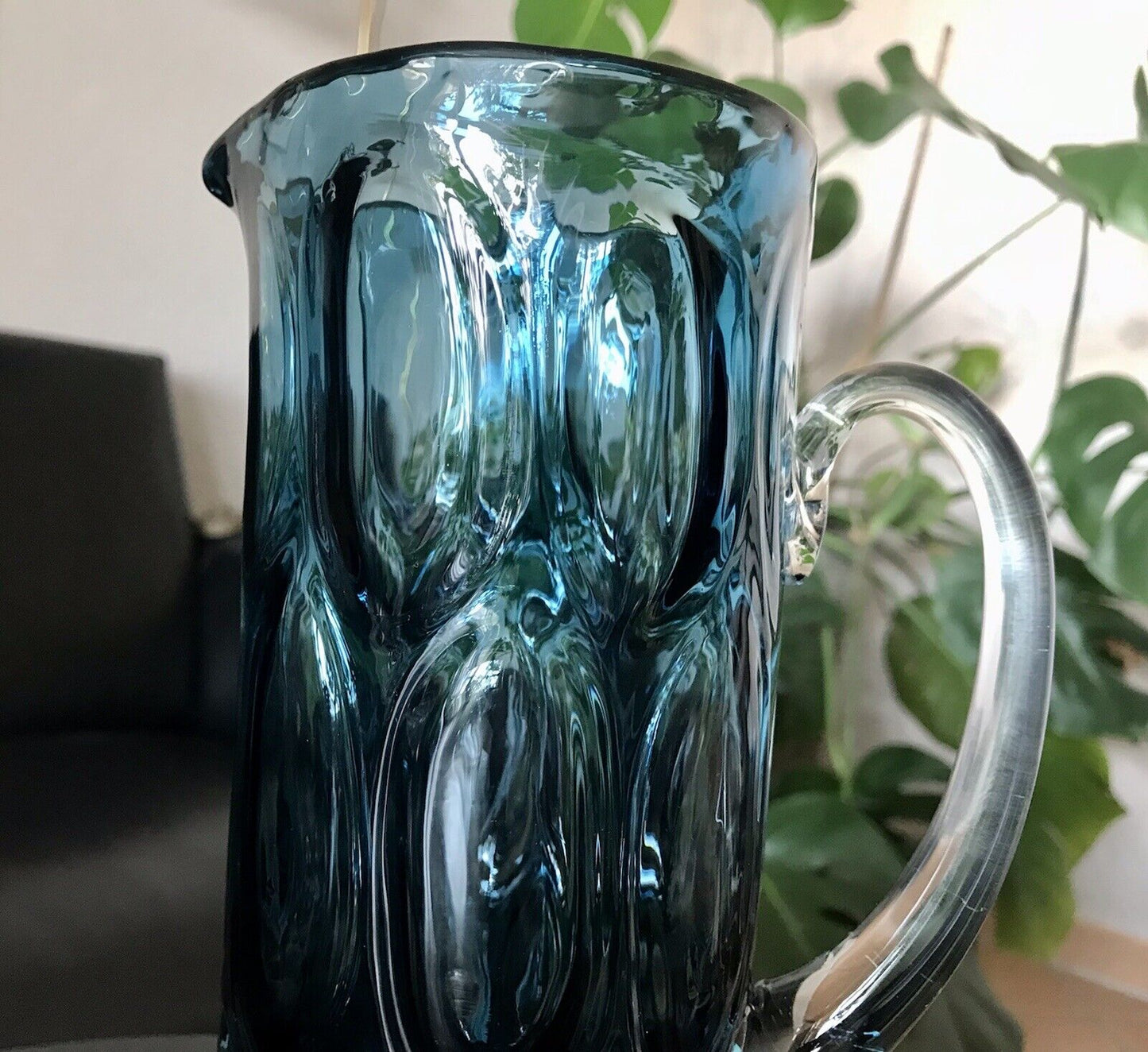 Vintage Designer 60er Krug Kanne Karaffe Space Age Glas Bubble Struktur blau