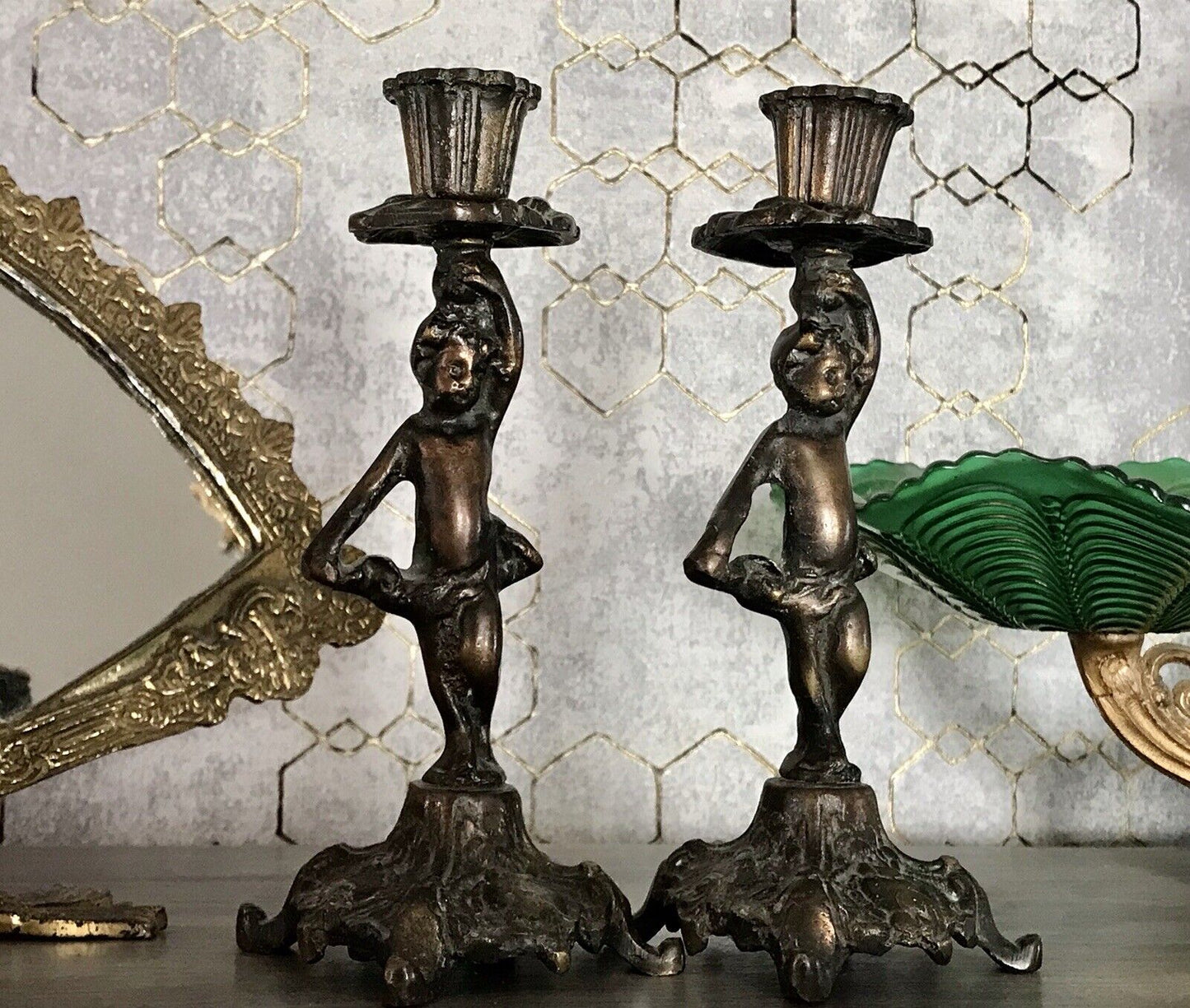 Antik 2 schöne Bronze? Kerzenständer Kerzenhalter Putti Leuchter Kerzenleuchter