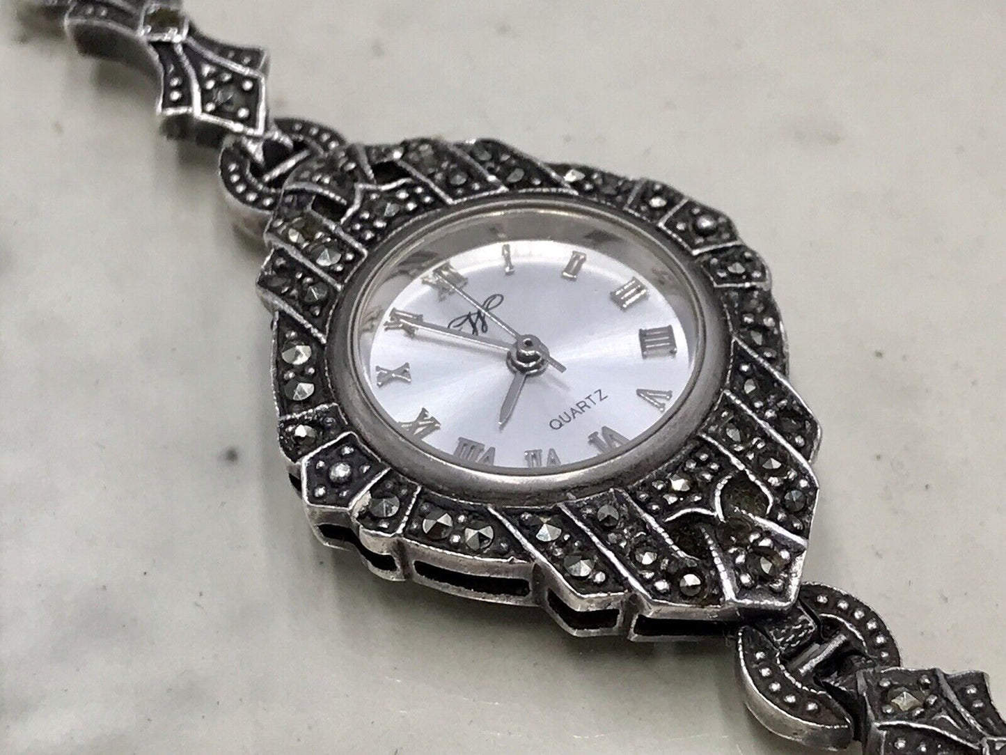 Vintage EDEL!!! Art Déco Stil 925 Silber Armbanduhr Damen Markasite wundervoll!