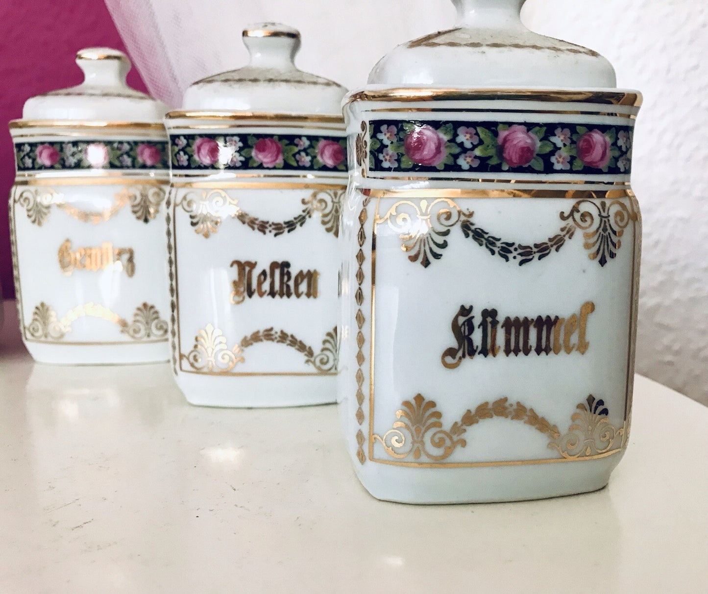 Antik 6x Porzellan Dose Vorratsdosen Gewürze Rosen Golddekor Jugendstil