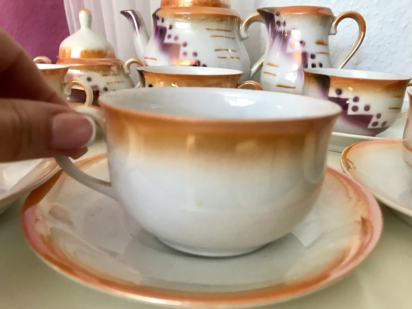 Antik Art Déco Porzellan Kaffeeservice Spritzdekor Teeservice 6 Pers.