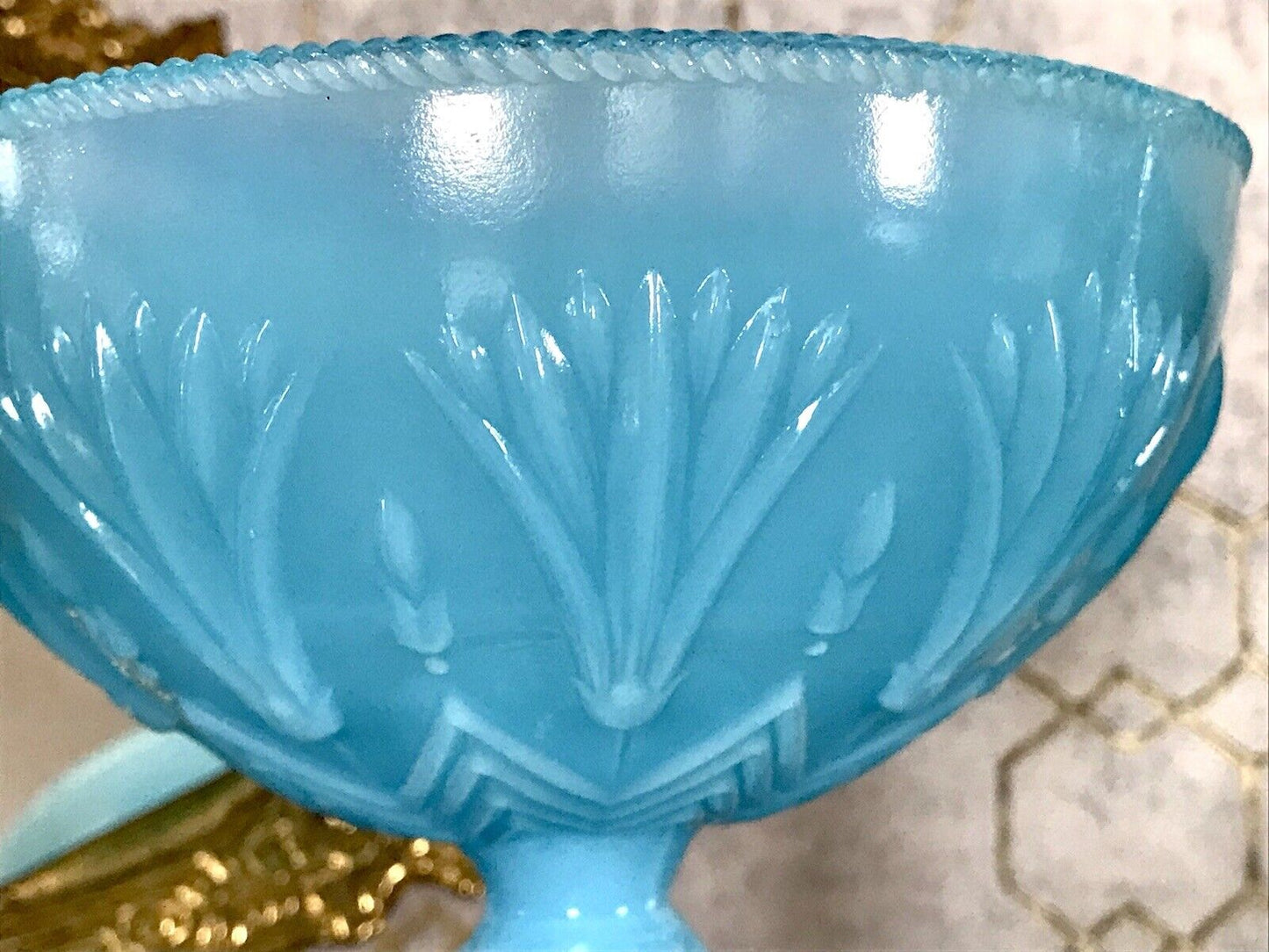 Antik Jugendstil Art Déco Pressglas Schale Fußschale Zuckerschale blau türkis