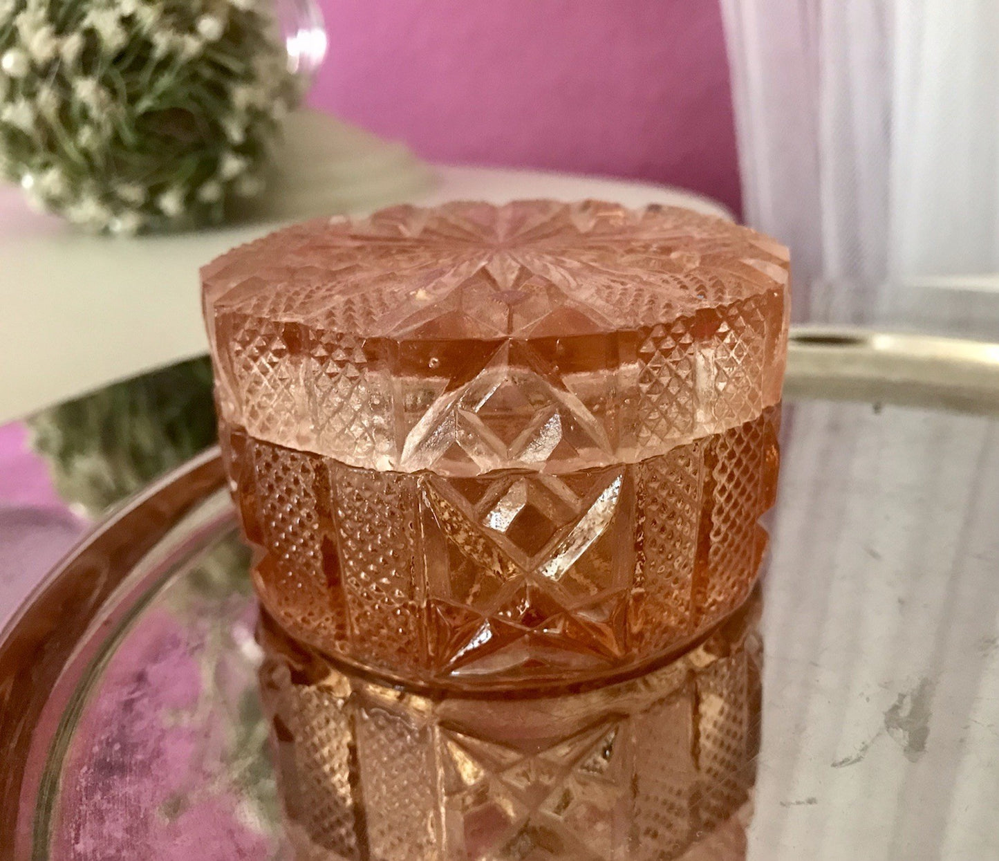 Antik Art Déco Dose Deckeldose Zierdose Pressglas Rosalin rosa Glas
