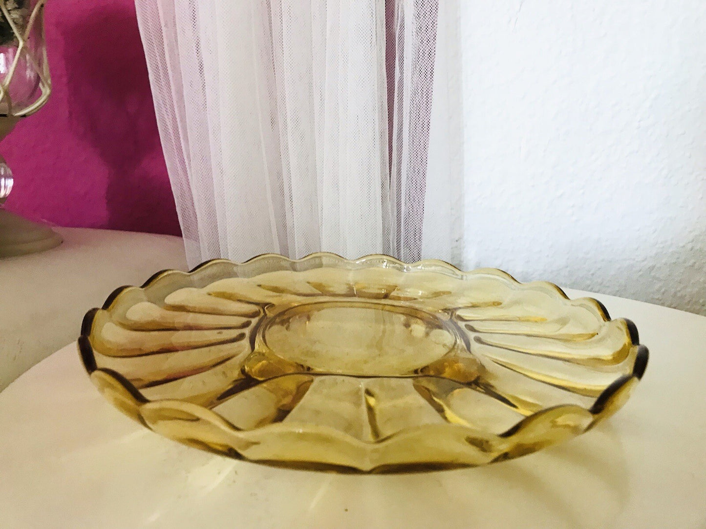 Antik Tortenplatte Kuchenplatte Glas gelb 4Füssig Art Déco Pressglas