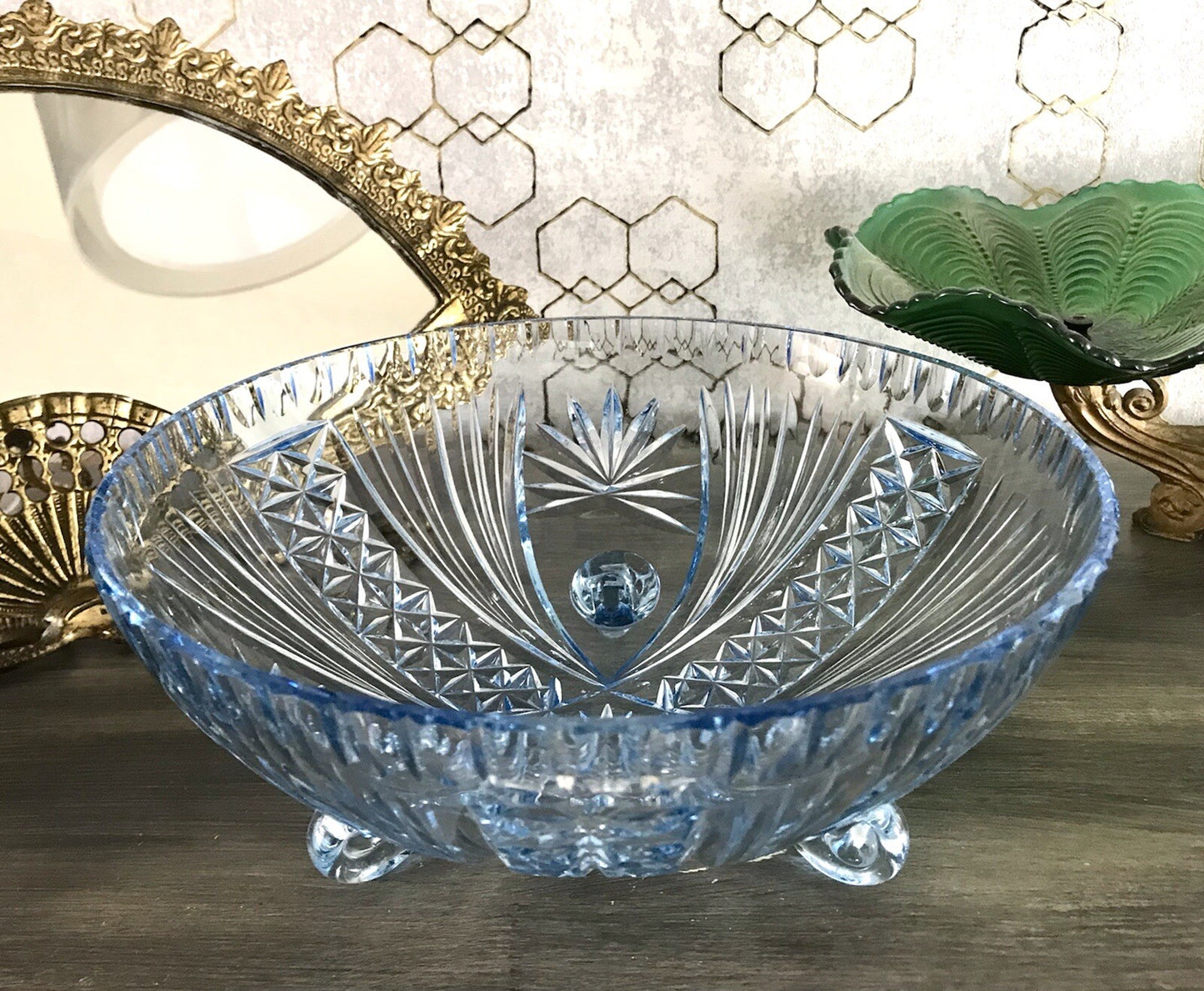 Antik EDEL blau Art Déco Schale Glasschale mundgeblasen geschliffen 3füssig