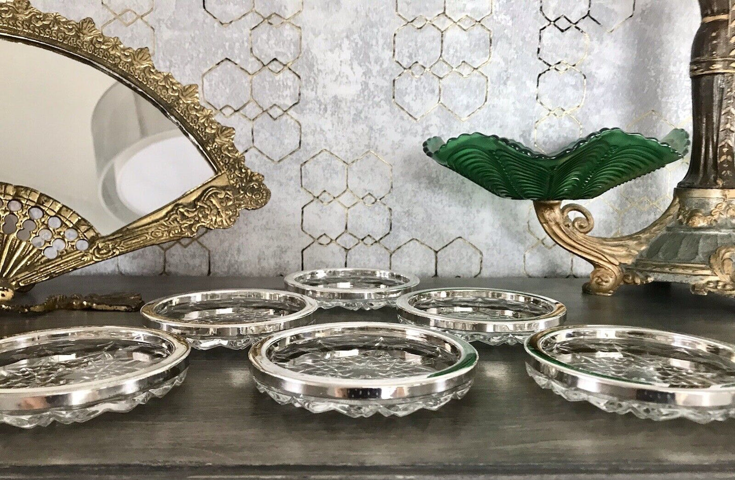 Vintage 6x Untersetzer für Weingläser Glas Kristallglas Bleikristall versilbert