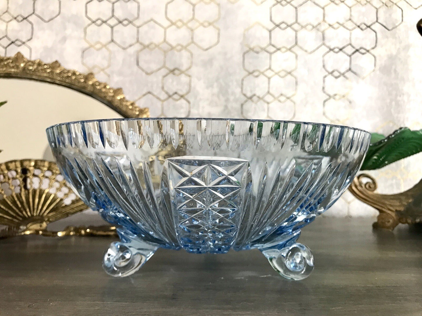 Antik EDEL blau Art Déco Schale Glasschale mundgeblasen geschliffen 3füssig