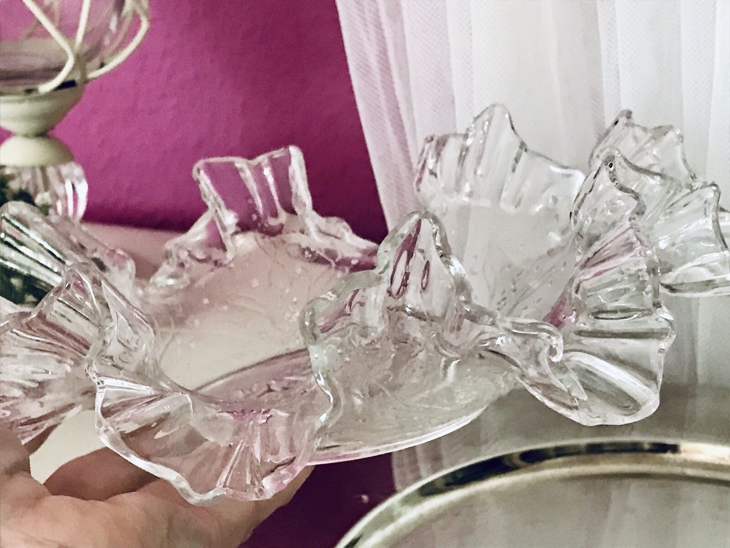 Antik Jugendstil gewellter Serviettenrand Pressglas Schale Glas so schön!