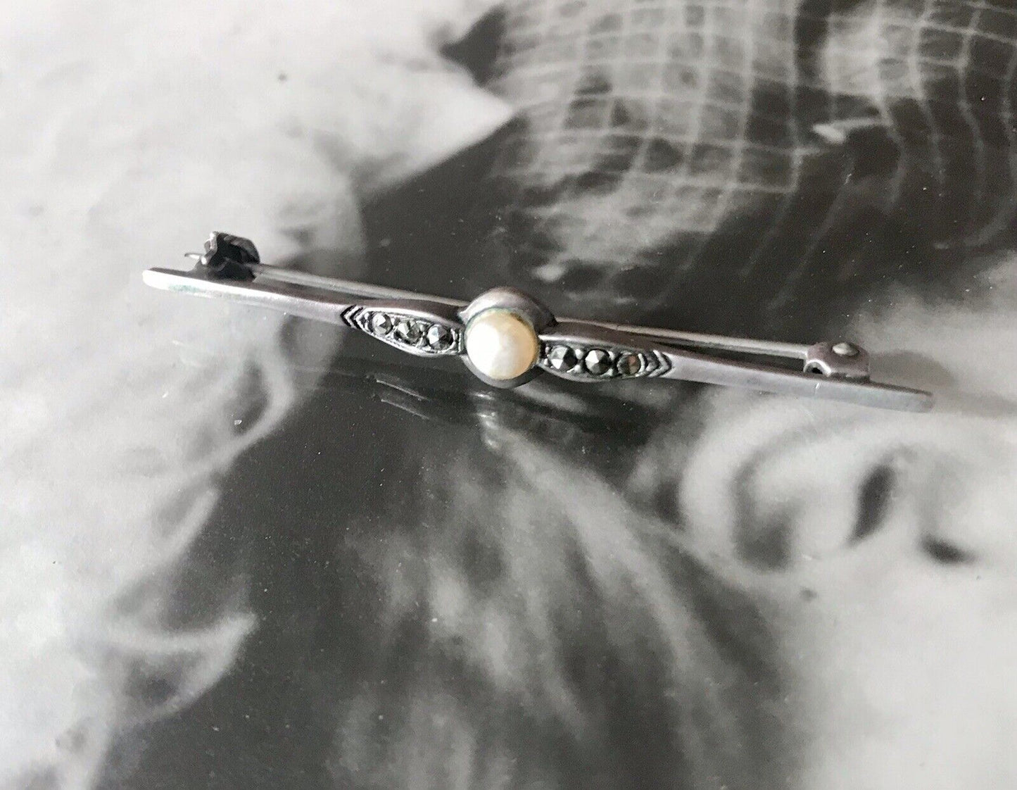 Antik Art Déco Edel Stabbrosche 835 Silber Brosche Markasiten Perle So Schön!