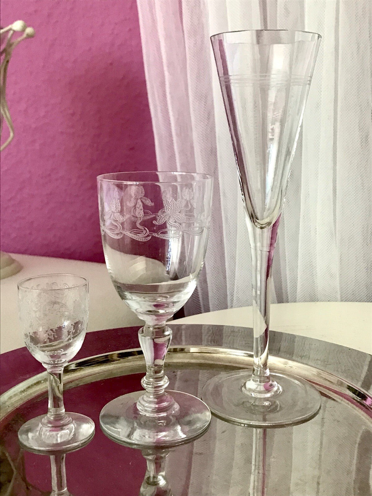 Konvolut Antik 3 Gläser Weinglas Sektglas Likörglas gerippt Ätzglas Jugendstil