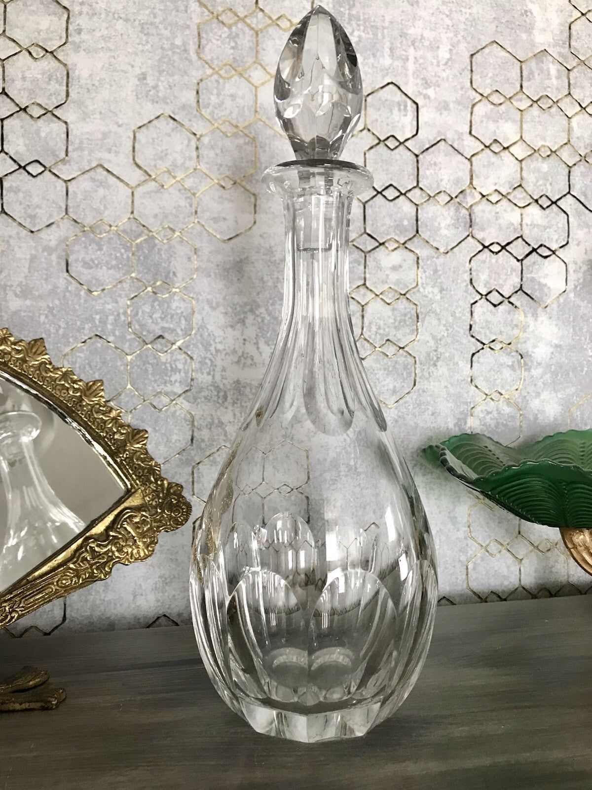 Vintage Art Déco Stil Glaskaraffe Karaffe Bleikristall Edel Stopfen Schälschliff
