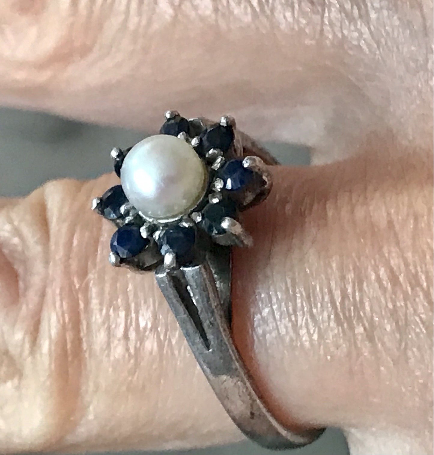 Antik? Vintage Art Déco Damen Ring Perle Spinell ? Saphir? Silber 925 Gr.57 18,1
