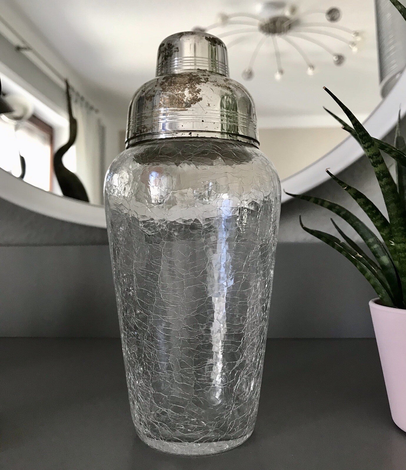 Vintage Glas 60er Craquelée versilbert Montur Getränke Cocktail Shaker