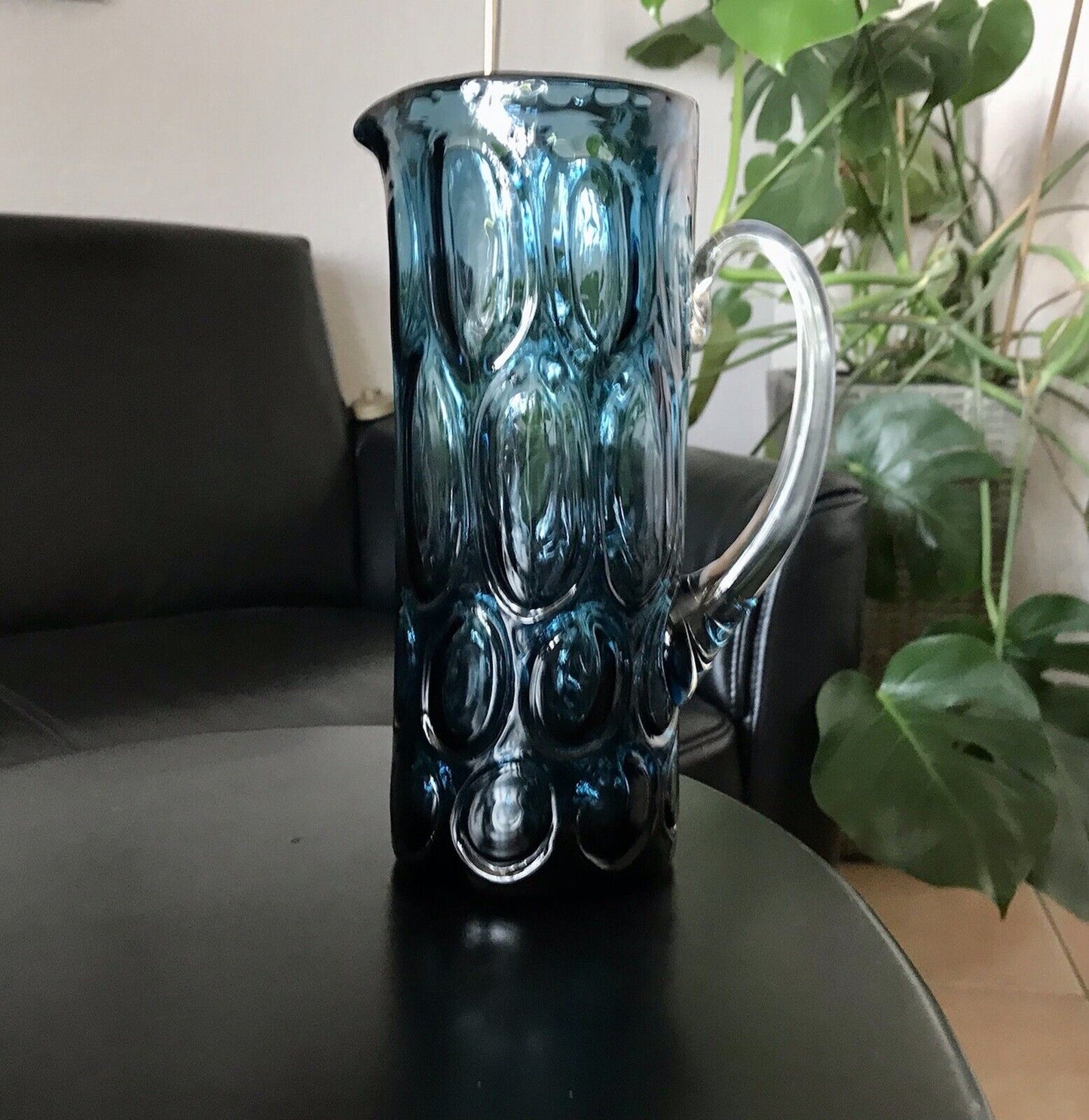 Vintage Designer 60er Krug Kanne Karaffe Space Age Glas Bubble Struktur blau