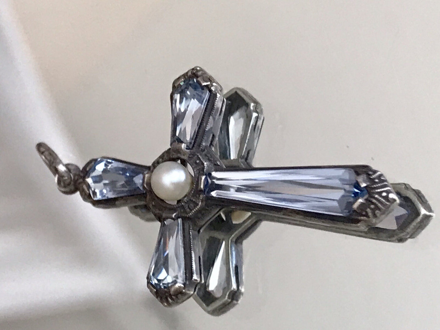 Antik Edel Art Déco Silber Kreuz Anhänger Kettenanhänger blaue Steine Aquamarin?