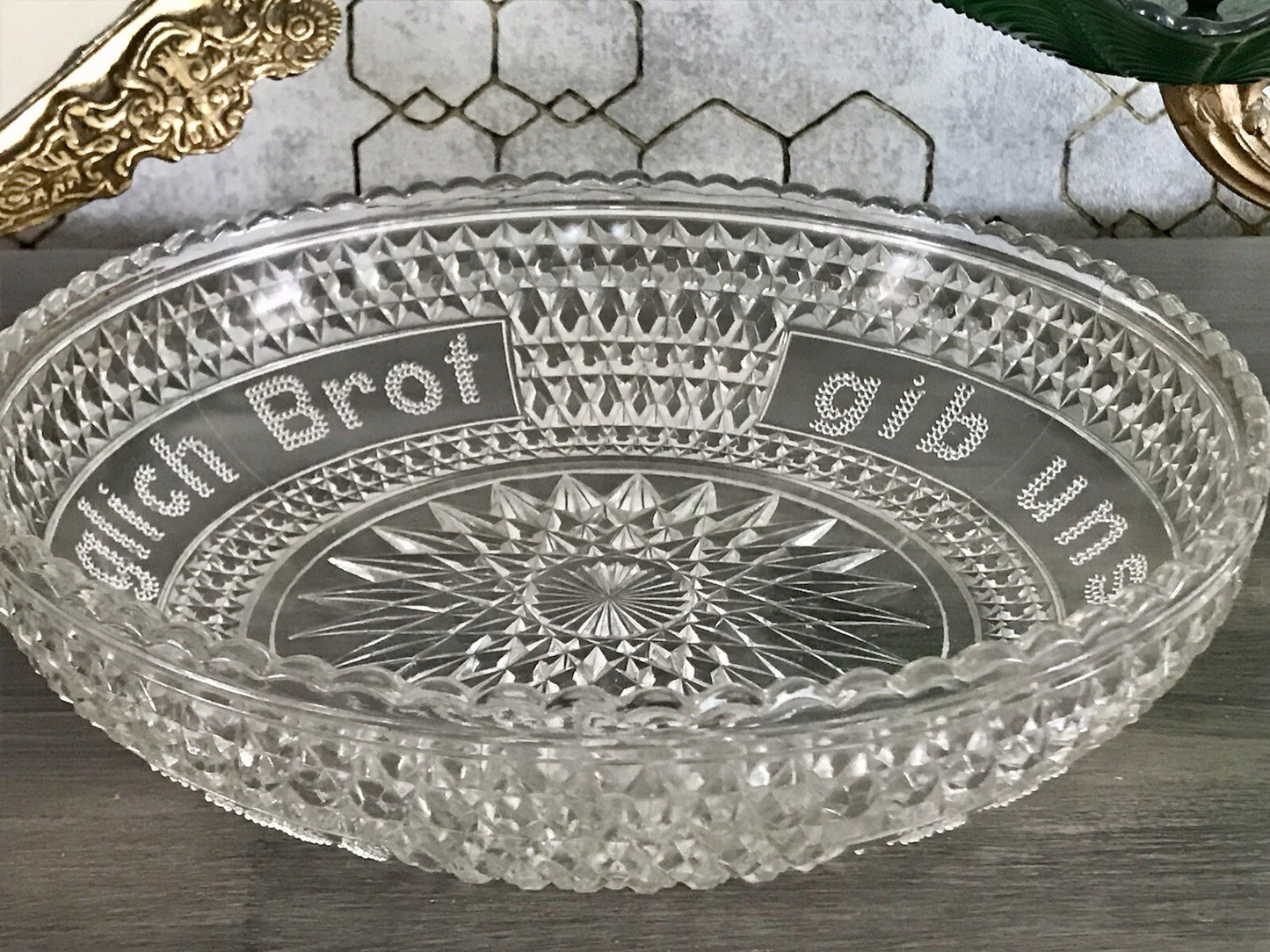 Art Déco Pressglas Schale Antik Brotschale Unser täglich Brot gib uns heute Glas