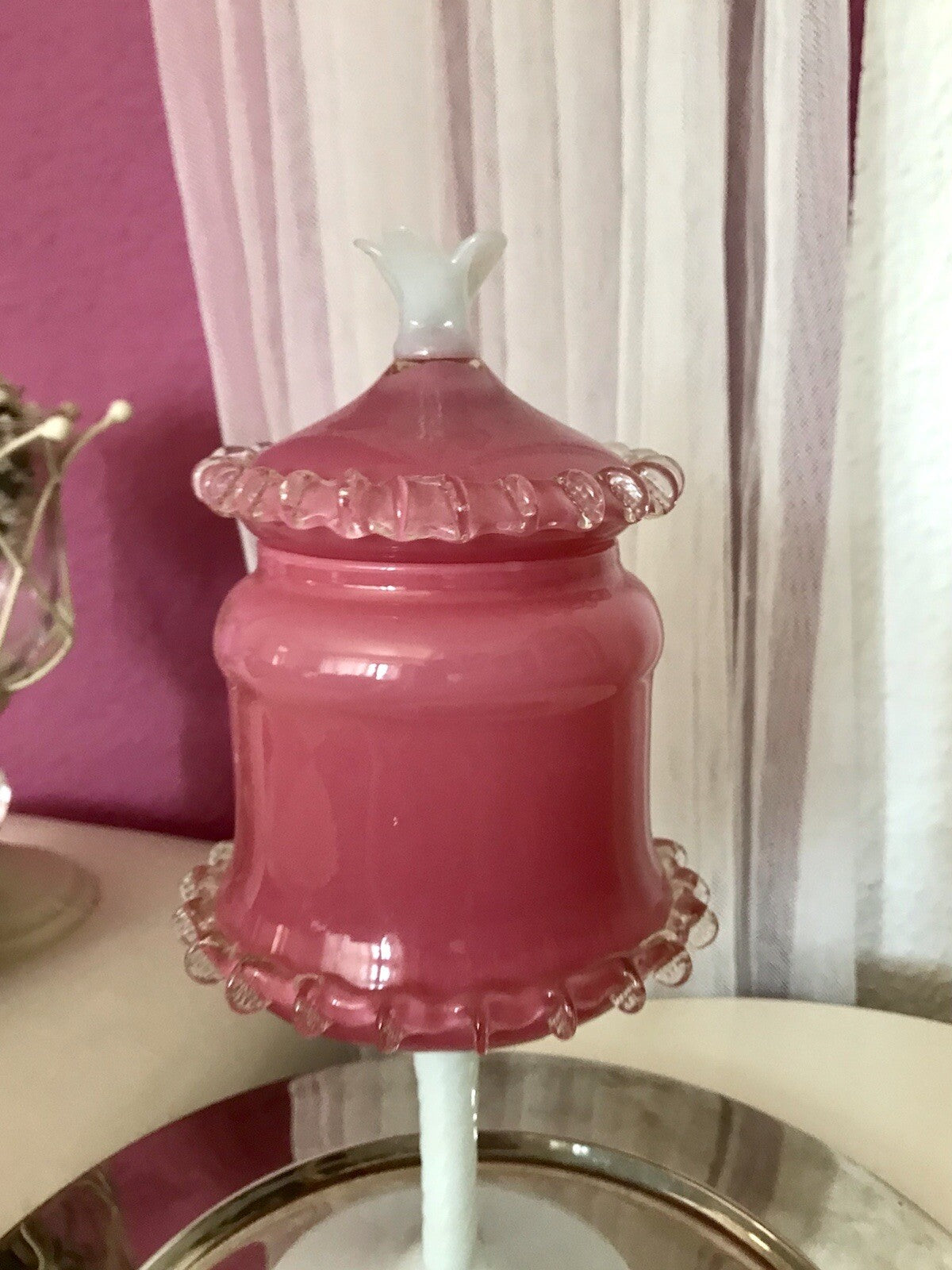 Vintage 60er Empoli Fußschale Schale Bonboniere rosa weiß Deckelvase Designer