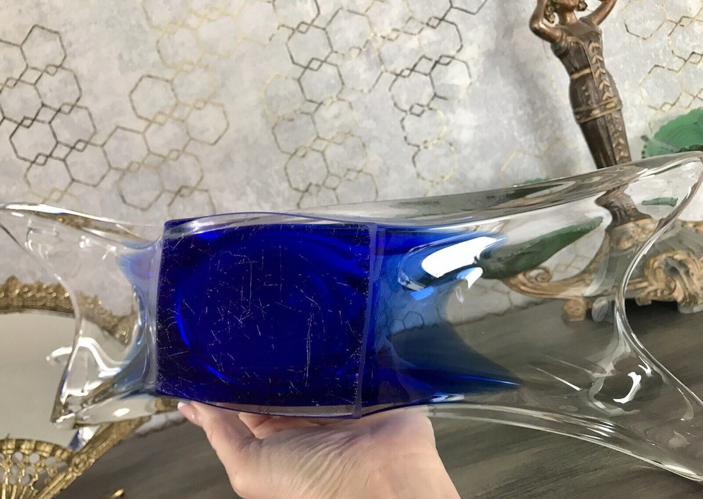 Murano 60er 70er Jahre Schale Glas zipfelig blauer Zwischenfang im Klarglas