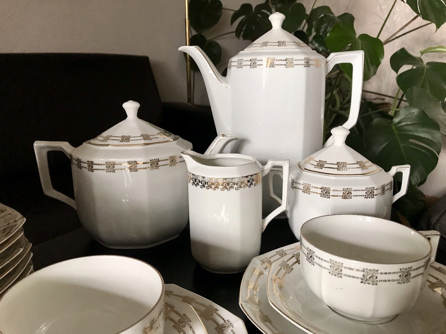 Antik Art Déco Porzellan 11 Personen Kaffeeservice EDEL Goldrand Golddekor