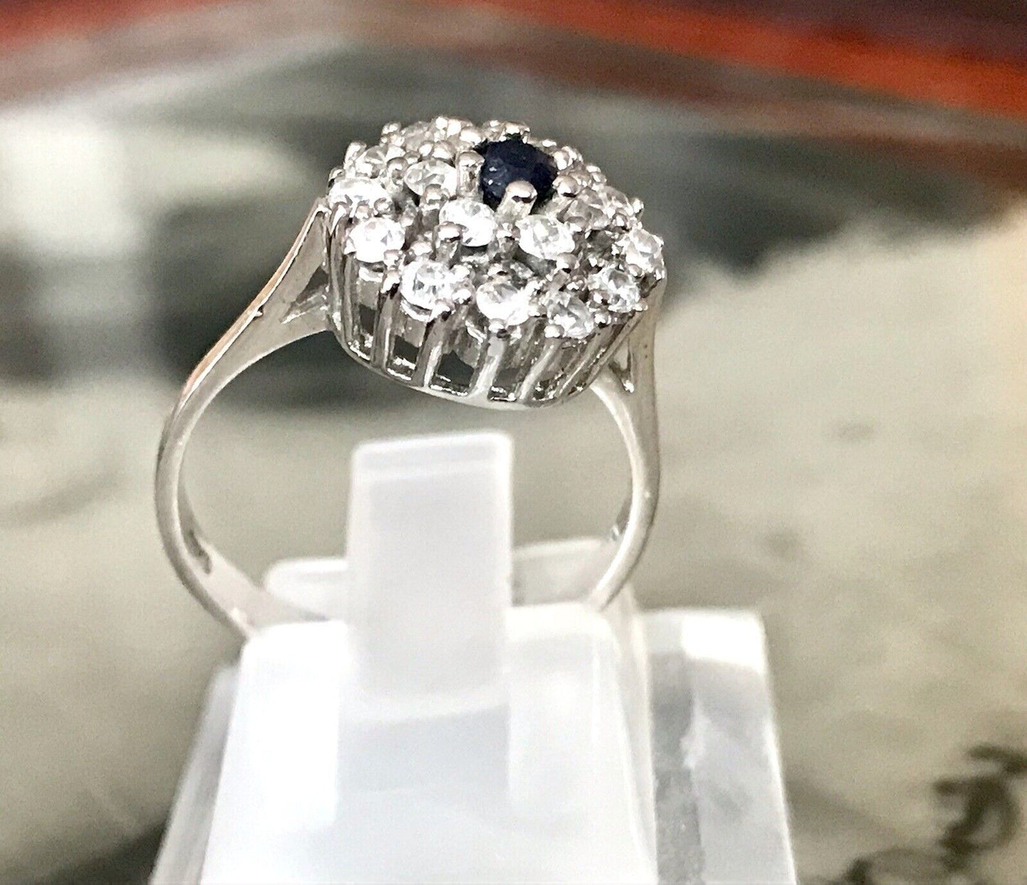 Vintage Entourage Halo Ring farblose Steine & Saphir Silber 925 ~Gr.54