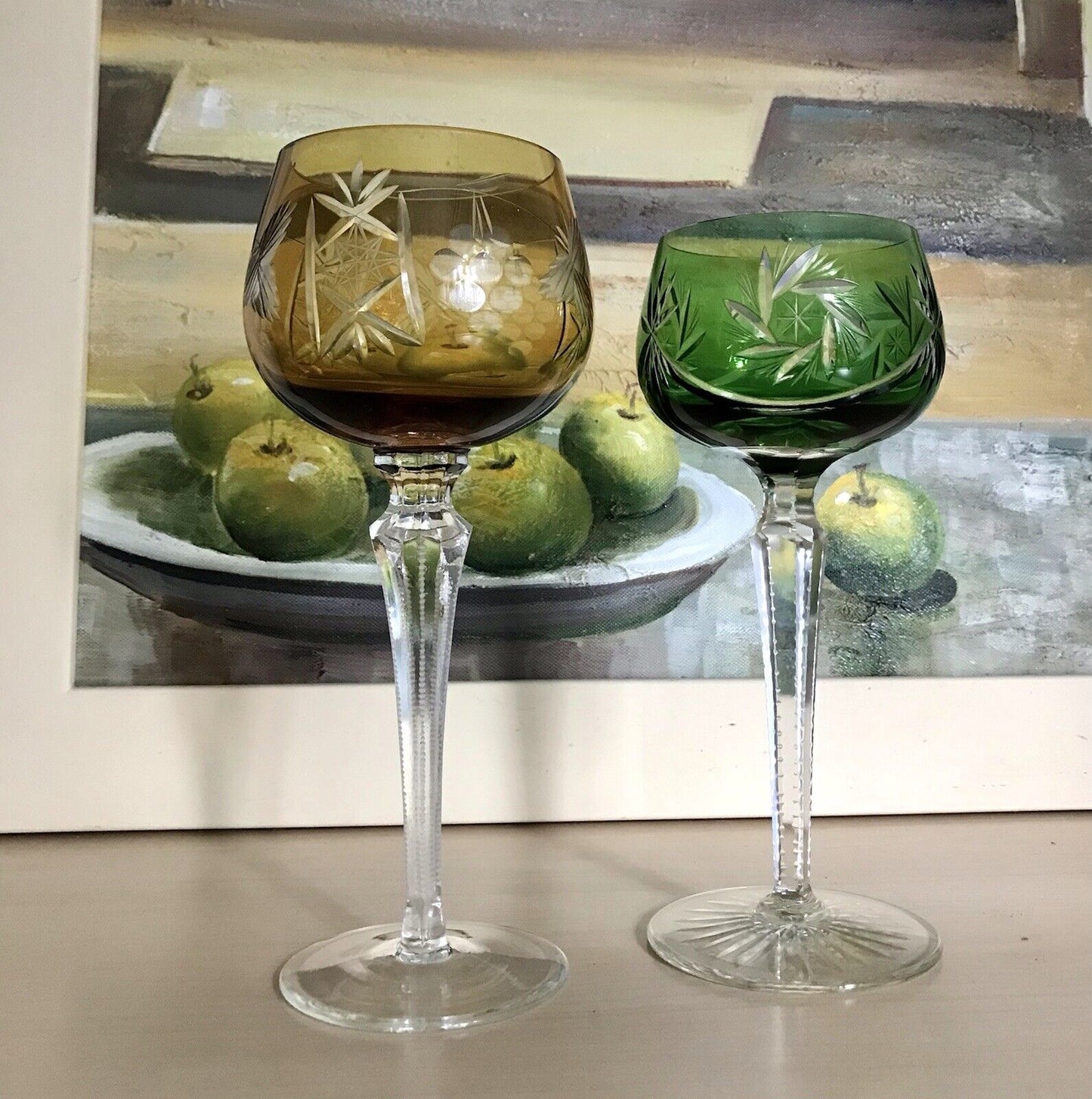 Alt Vintage antik? 2x Weinglas Römer Kristallglas Schliff gelb grün Schliff