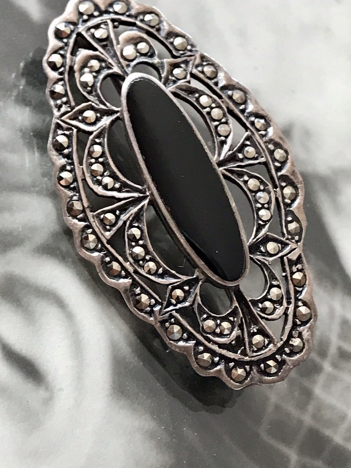 Antik Art Déco Edel Silber 925er Markasiten Onyx Edel Brosche