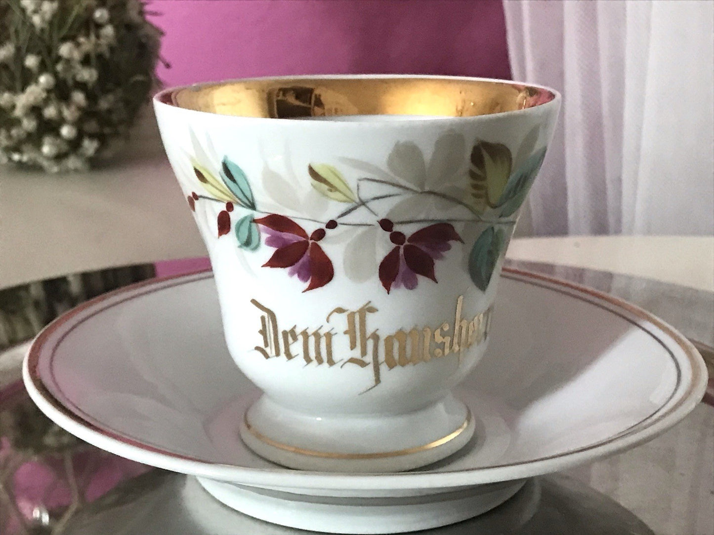 Antik Porzellan Andenken Becher Gedeck Sammeltasse Tasse „Dem Hausherrn“