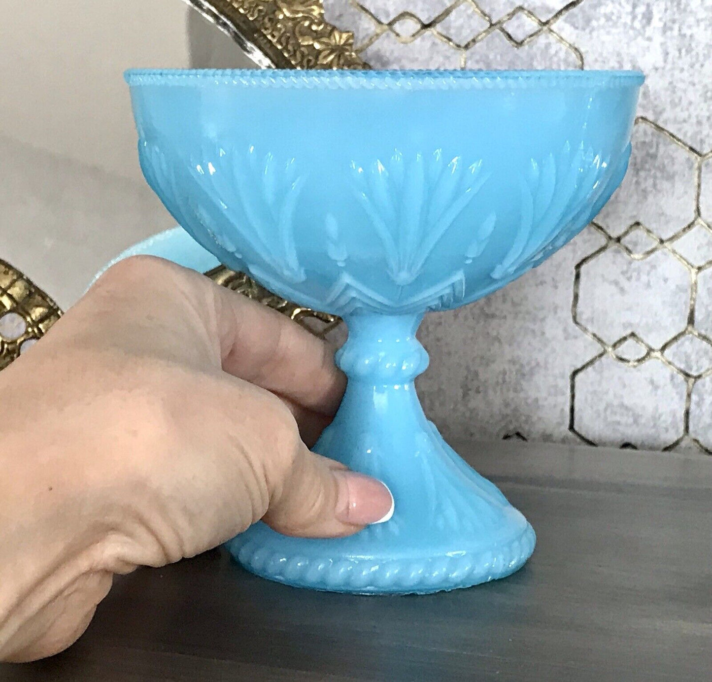 Antik Jugendstil Art Déco Pressglas Schale Fußschale Zuckerschale blau türkis