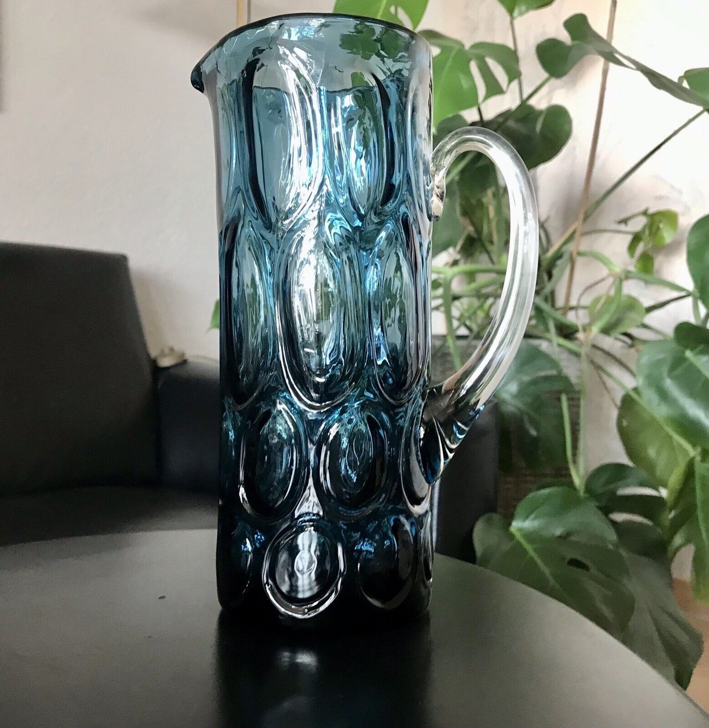 Vintage Designer 60er Krug Kanne Karaffe Space Age Glas Bubble Struktur blau