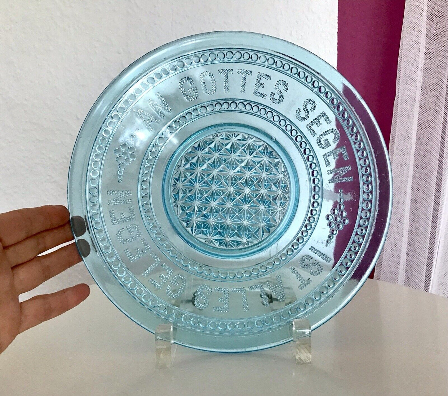 Antik Art Déco Pressglas Schale türkis blau An Gottes Segen ist alles gelegen