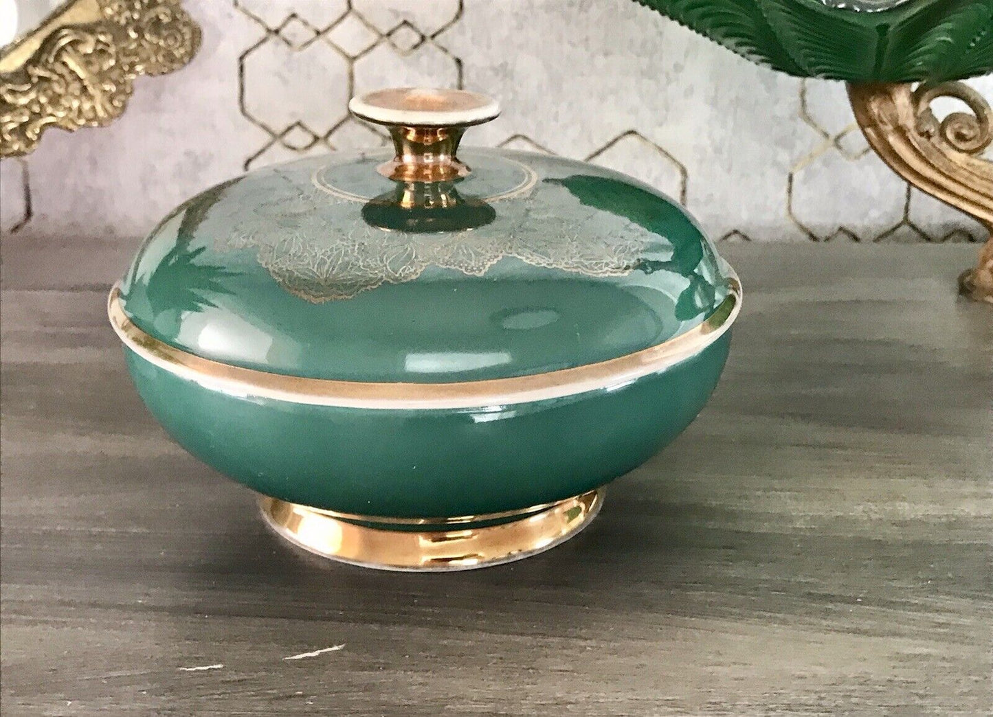 Spätes Art Vintage 50er Porzellan Dose Deckeldose Bonboniere grün gold Seltmann
