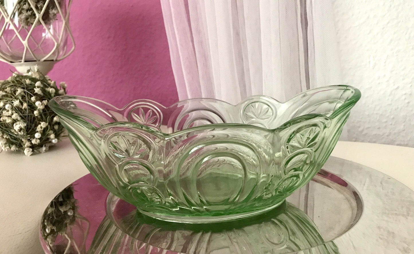 Antik Art Déco Jardiniere Schale Pressglas Glasschale grün Obstschale