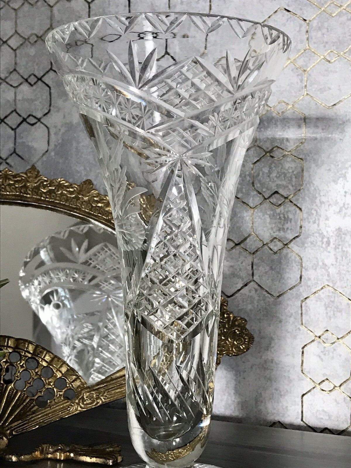 Antik Vase Glasvase Kristallglas geschliffen Art Déco Trichtervase Pokalvase