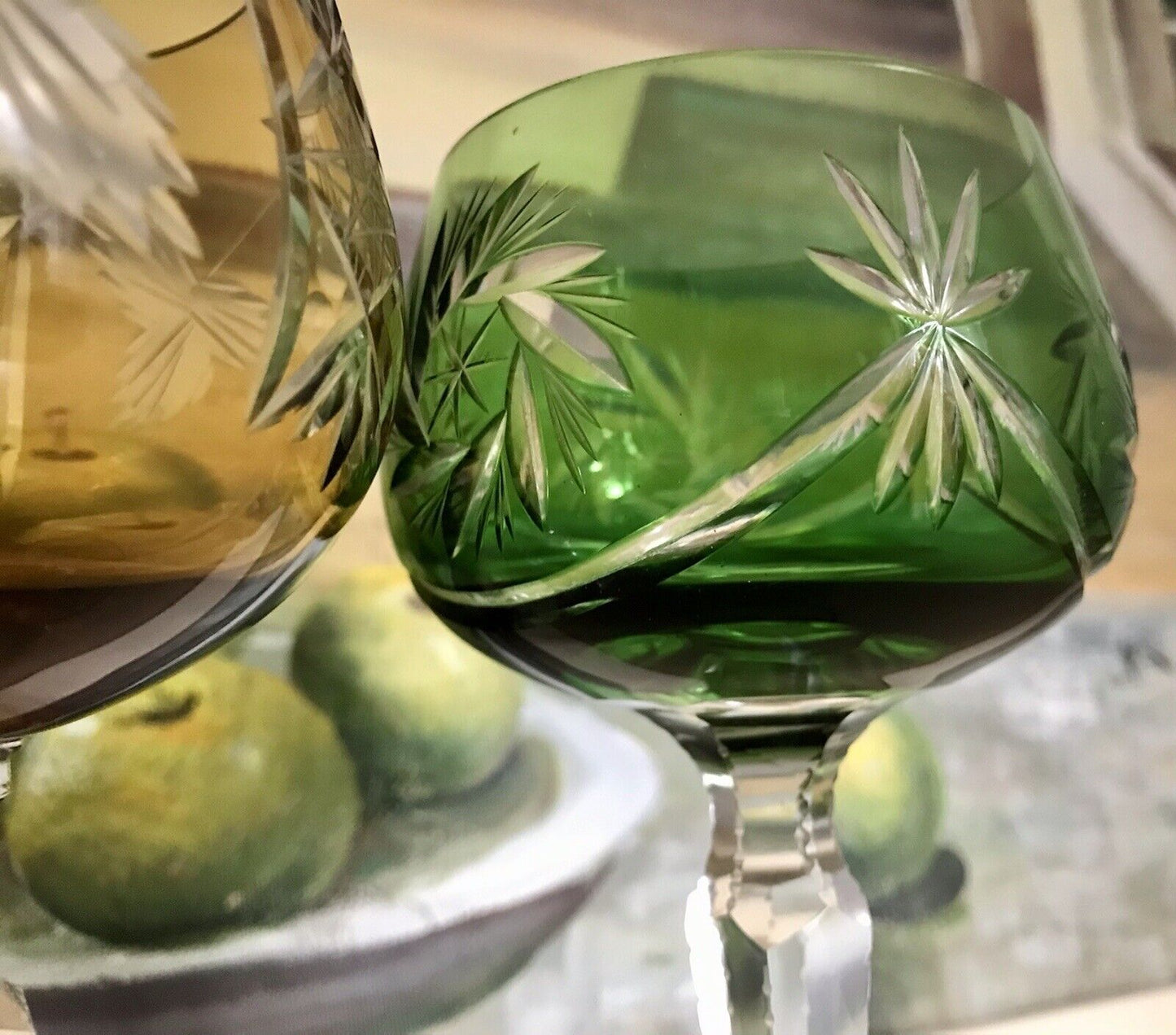 Alt Vintage antik? 2x Weinglas Römer Kristallglas Schliff gelb grün Schliff