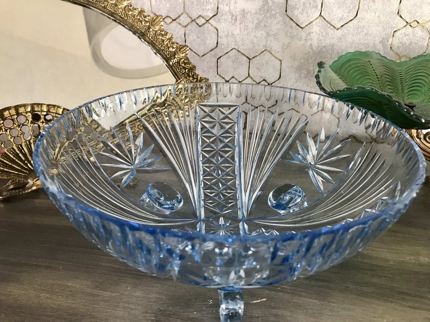 Antik EDEL blau Art Déco Schale Glasschale mundgeblasen geschliffen 3füssig