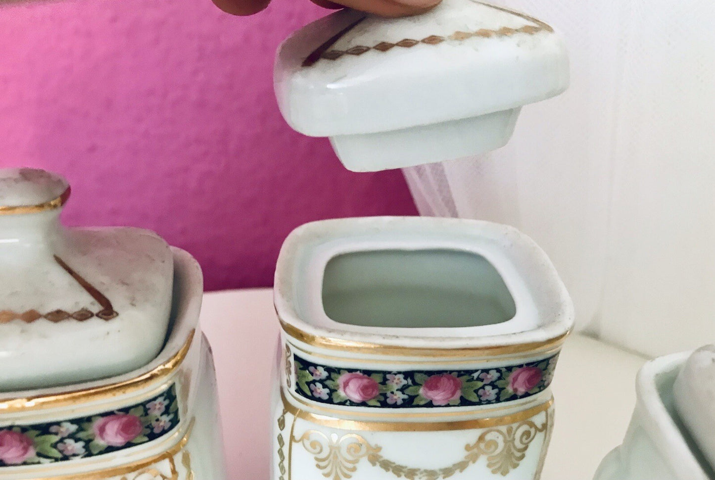 Antik 6x Porzellan Dose Vorratsdosen Gewürze Rosen Golddekor Jugendstil