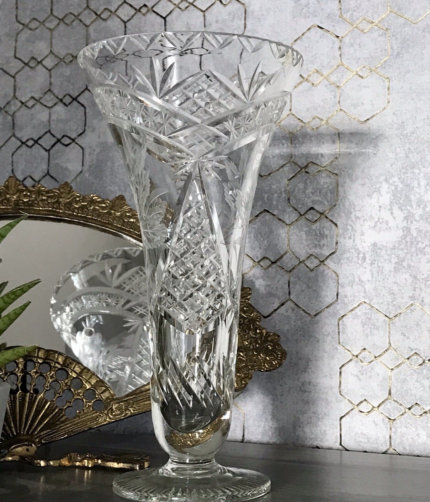 Antik Vase Glasvase Kristallglas geschliffen Art Déco Trichtervase Pokalvase