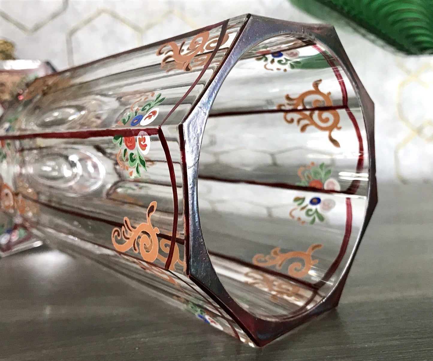 Antikisiert Replik Böhmisch Biedermeier Email-Malerei Glas Fußbecher bemalt
