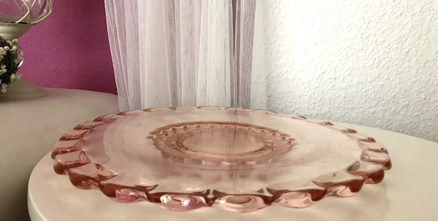 Antik Tortenplatte Tortenständer Rosalin Glas rosa Art Déco Pressglas