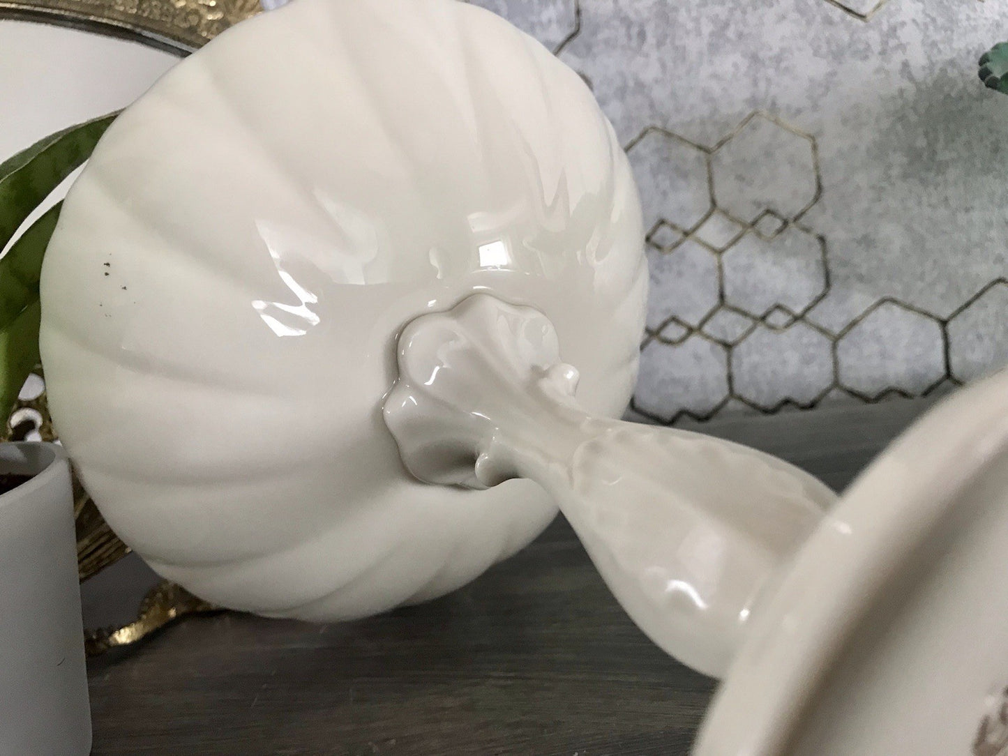 Antik Porzellan Fußschale Schale auf Fuß USA Lenox elfenbein gold Blume
