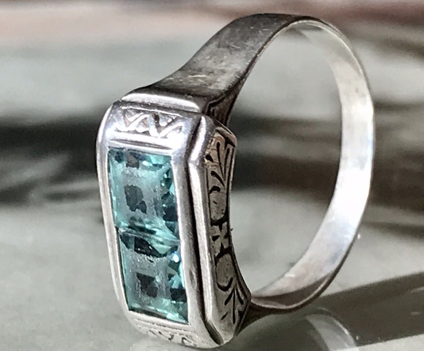 Antik Art Déco Unisex RING Silber Gr. 62 19,7 Blaugrüne Steine