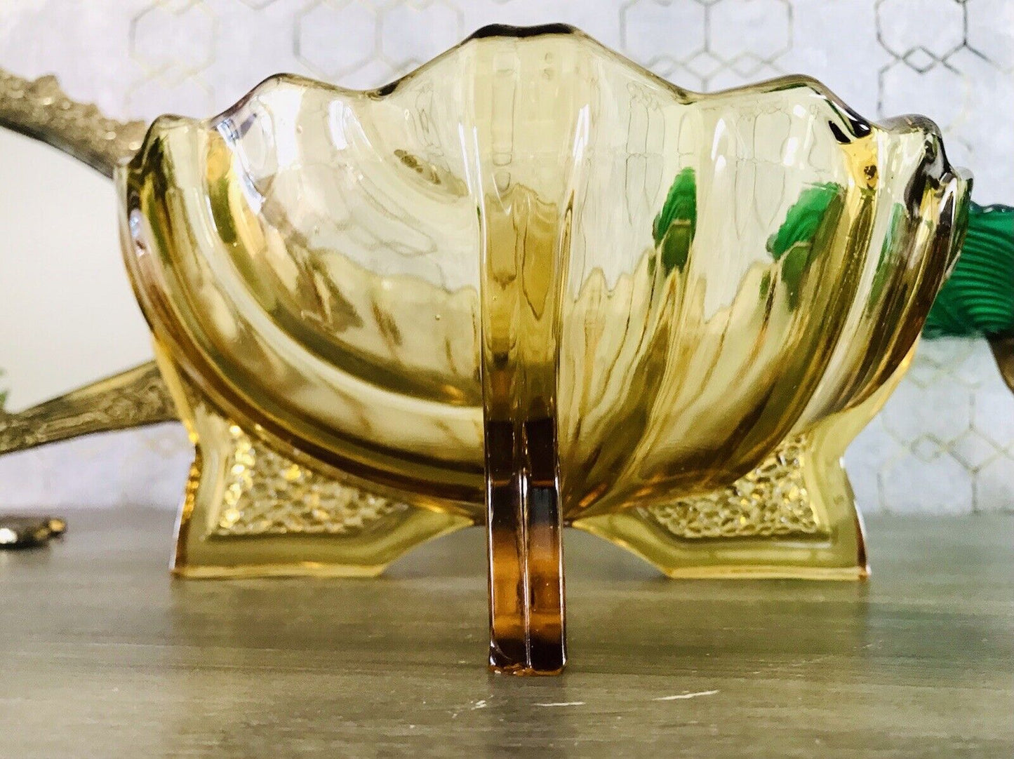 Antik Art Déco gelb Pressglas Jardiniere Schale Glas RAR markant