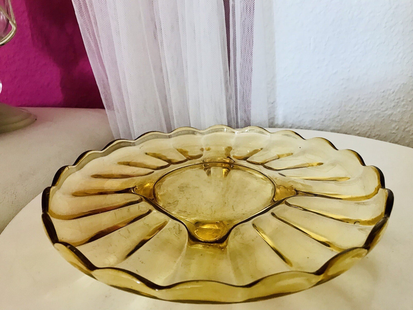 Antik Tortenplatte Kuchenplatte Glas gelb 4Füssig Art Déco Pressglas