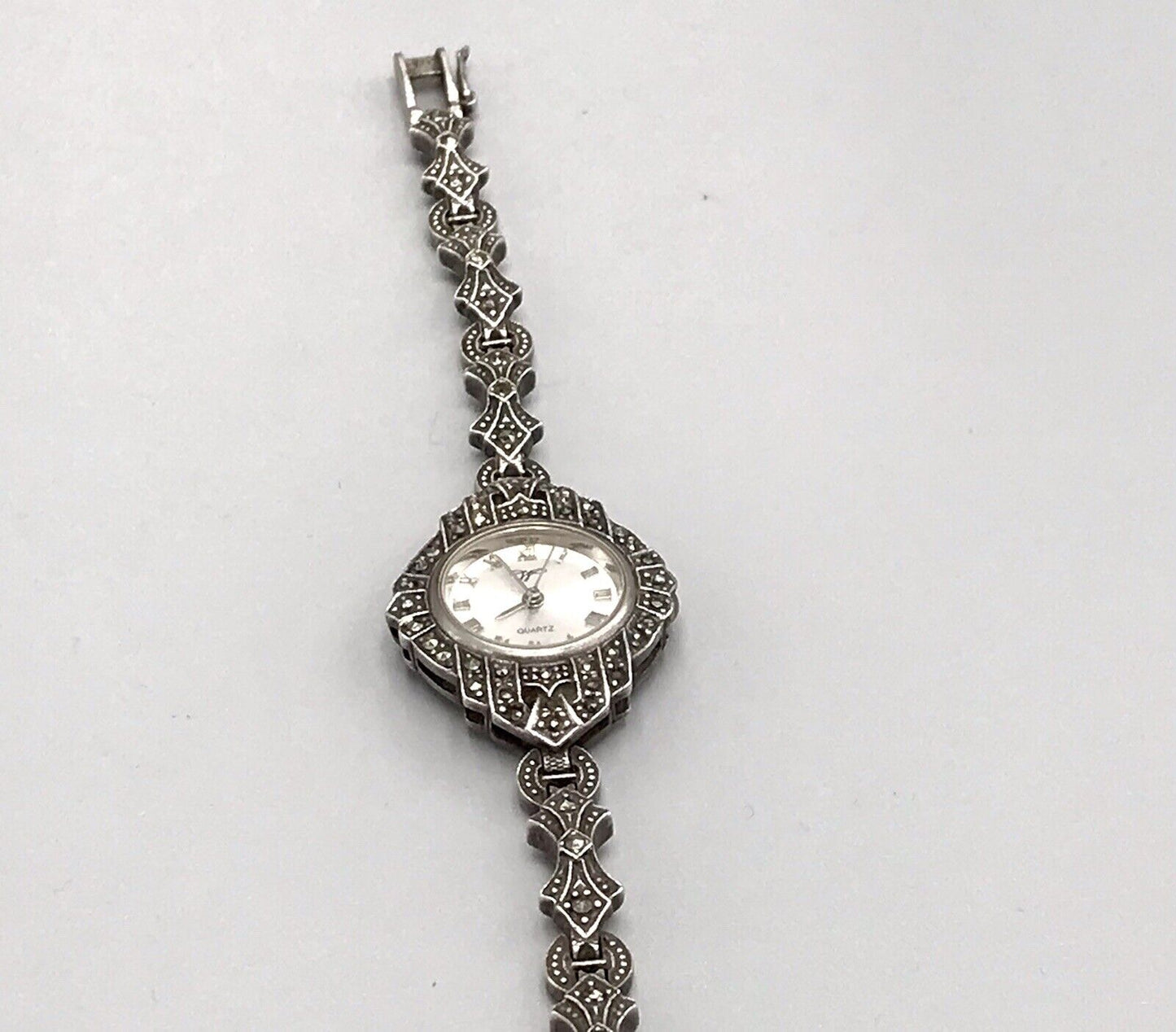 Vintage EDEL!!! Art Déco Stil 925 Silber Armbanduhr Damen Markasite wundervoll!