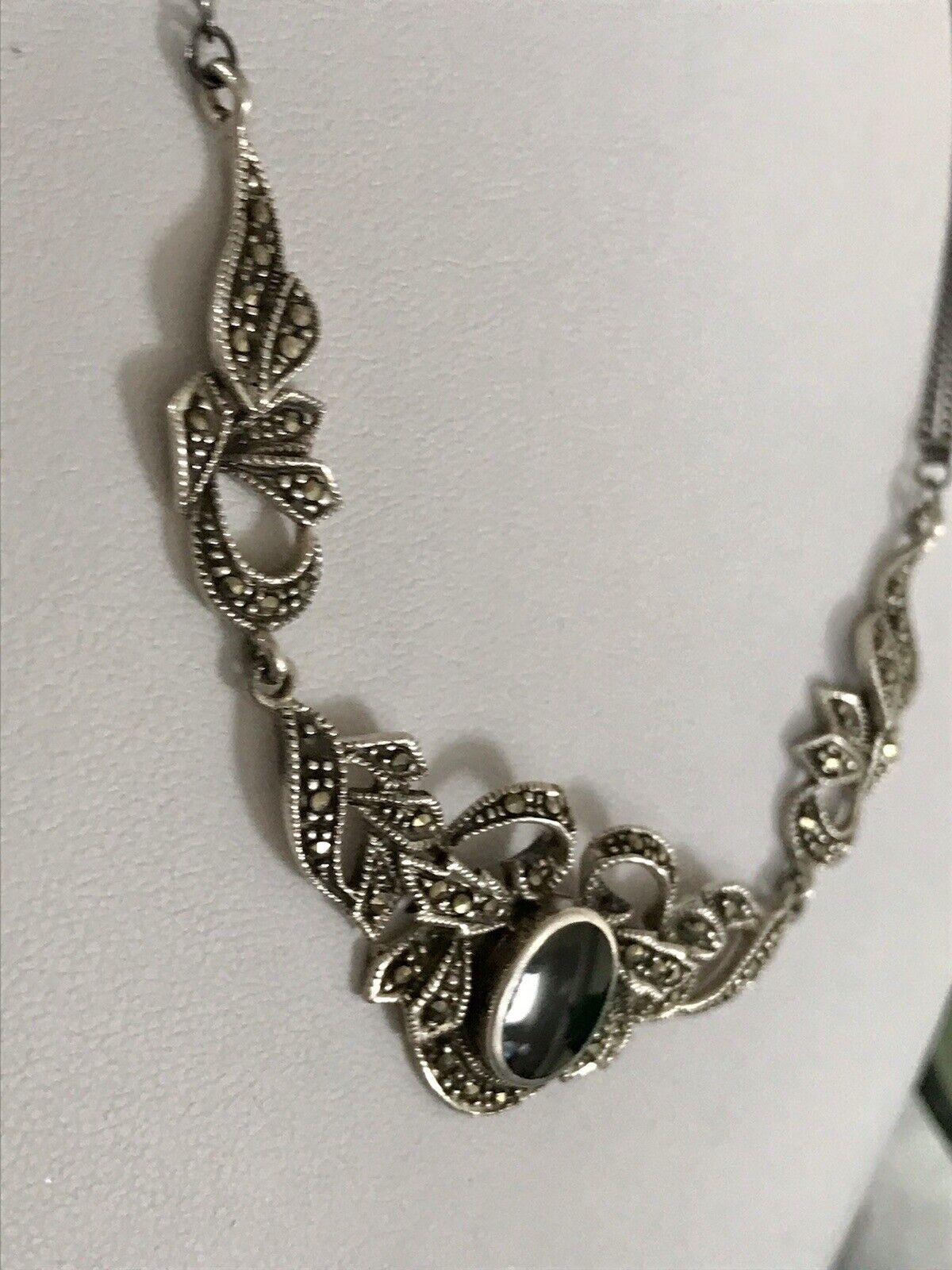 Antik Edel Jugendstil Art Déco 925 Silber Collier Halskette mit Onyx & Markasite